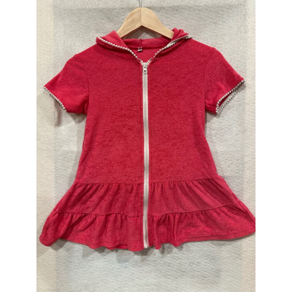 Pink Terry Cloth Hooded Swim Cover Up Girls Size 6 Pom Pom Trim Ruffle Zip Front